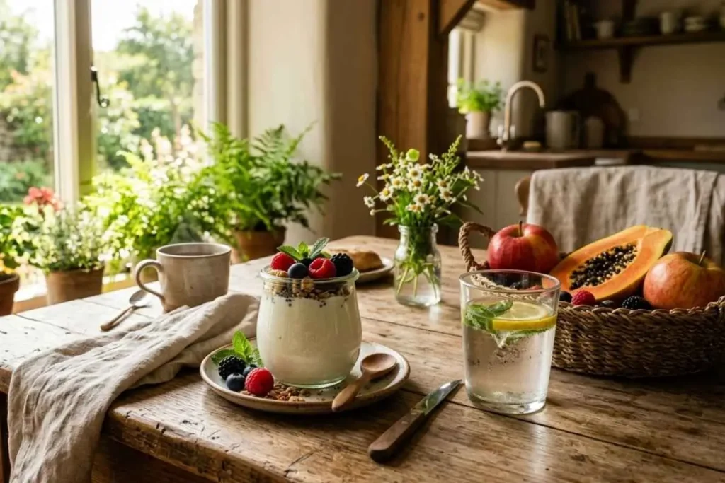 Café da manhã saudável com iogurte natural, frutas e água com limão sobre mesa de madeira para saúde intestinal.