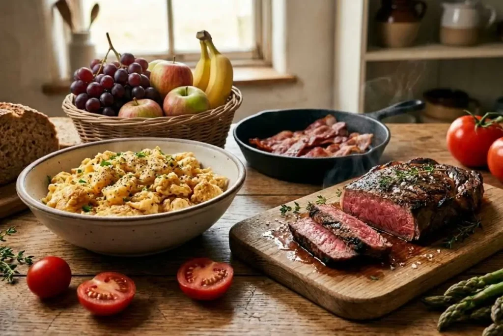 Alimentação saudável com alimentos naturais como frutas, legumes e verduras para uma vida equilibrada