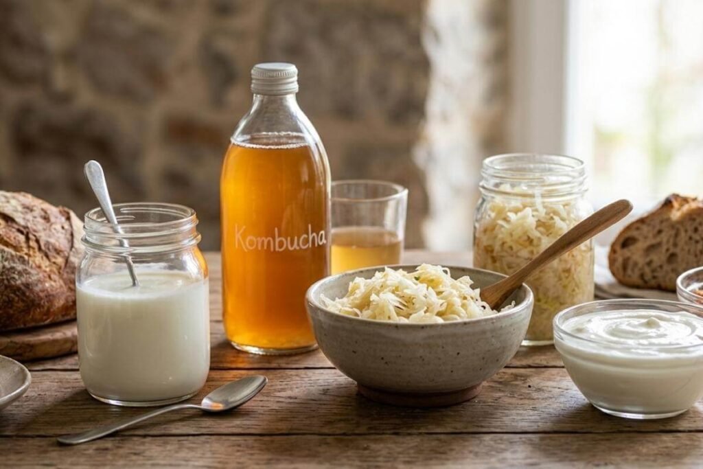 alimentos fermentados como kefir kombucha chucrute e iogurte natural em mesa