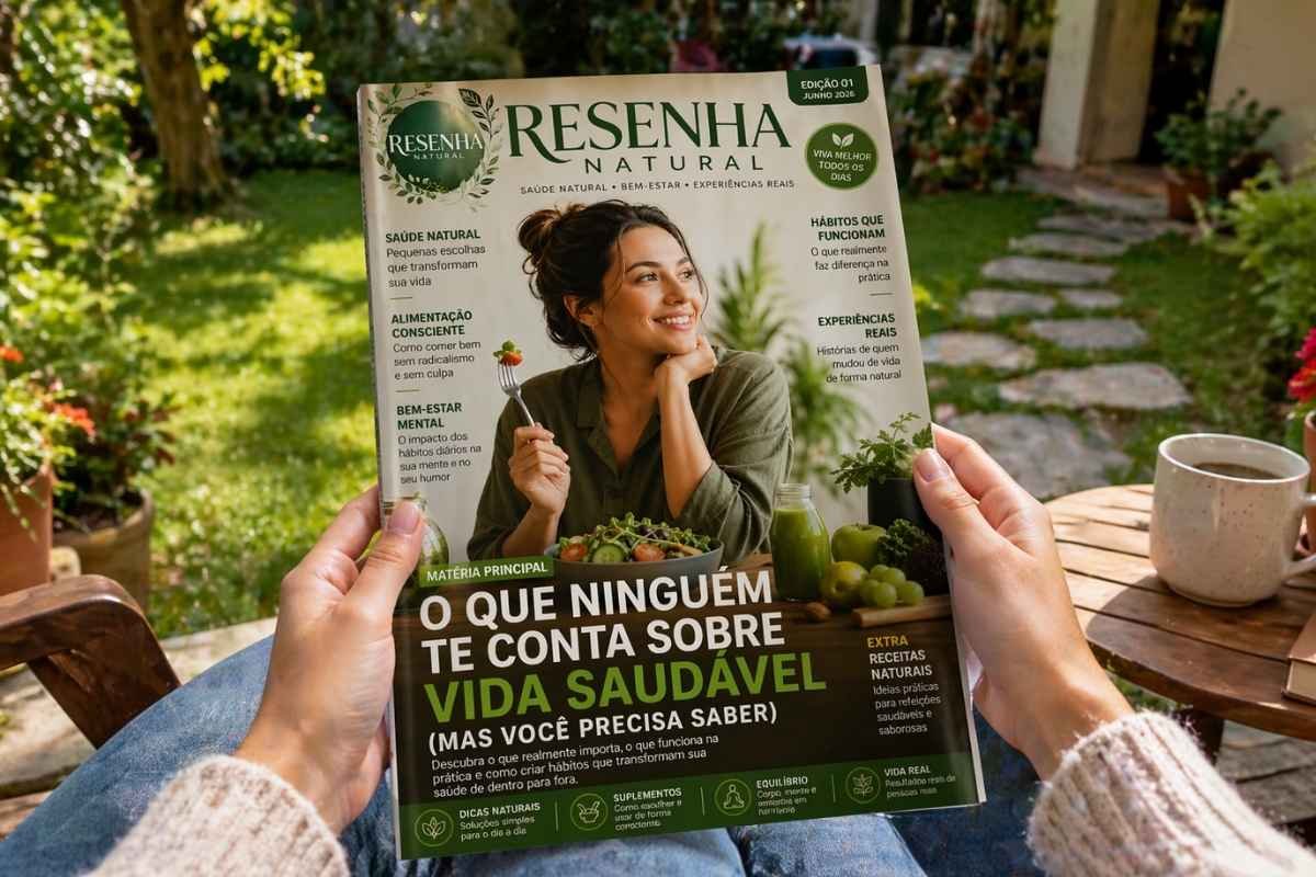 Pessoa segurando a primeira edição da revista Resenha Natural em um jardim ensolarado. A capa mostra uma mulher sorrindo enquanto come uma salada, com o título 'O que ninguém te conta sobre vida saudável'. Ao fundo, uma mesa de madeira com café e plantas.