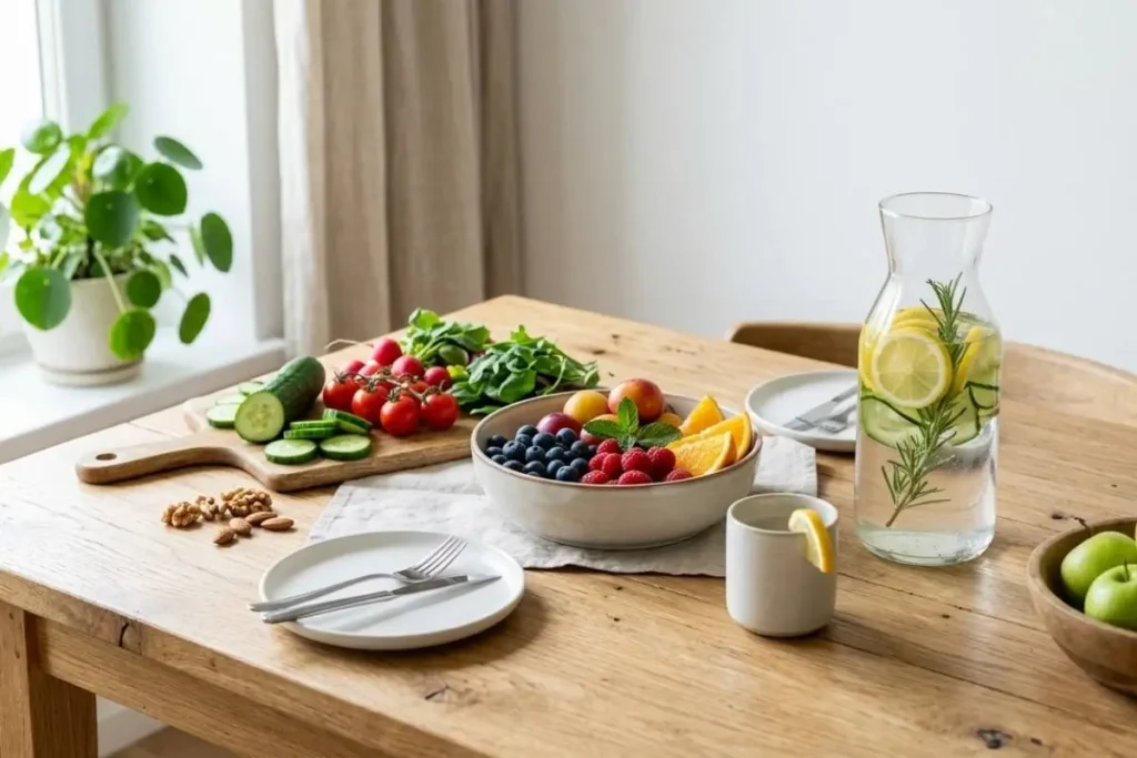 alimentação natural com frutas vegetais e água representando detox natural do corpo