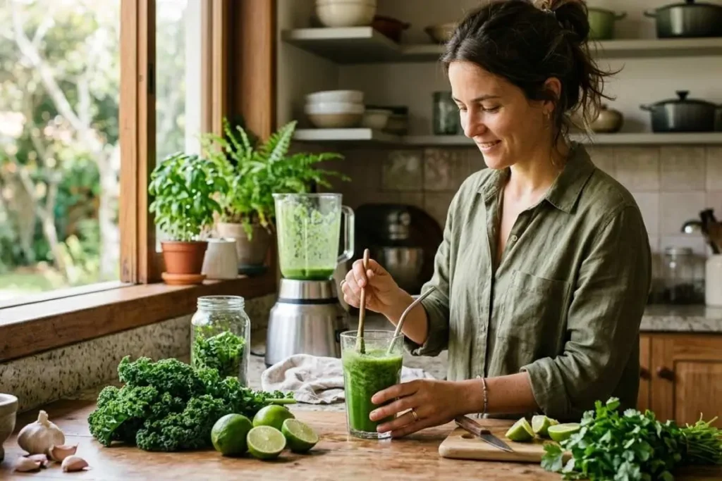 Mulher segurando suco verde após rotina de detox de metais pesados com alimentos naturais