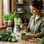Mulher segurando suco verde após rotina de detox de metais pesados com alimentos naturais