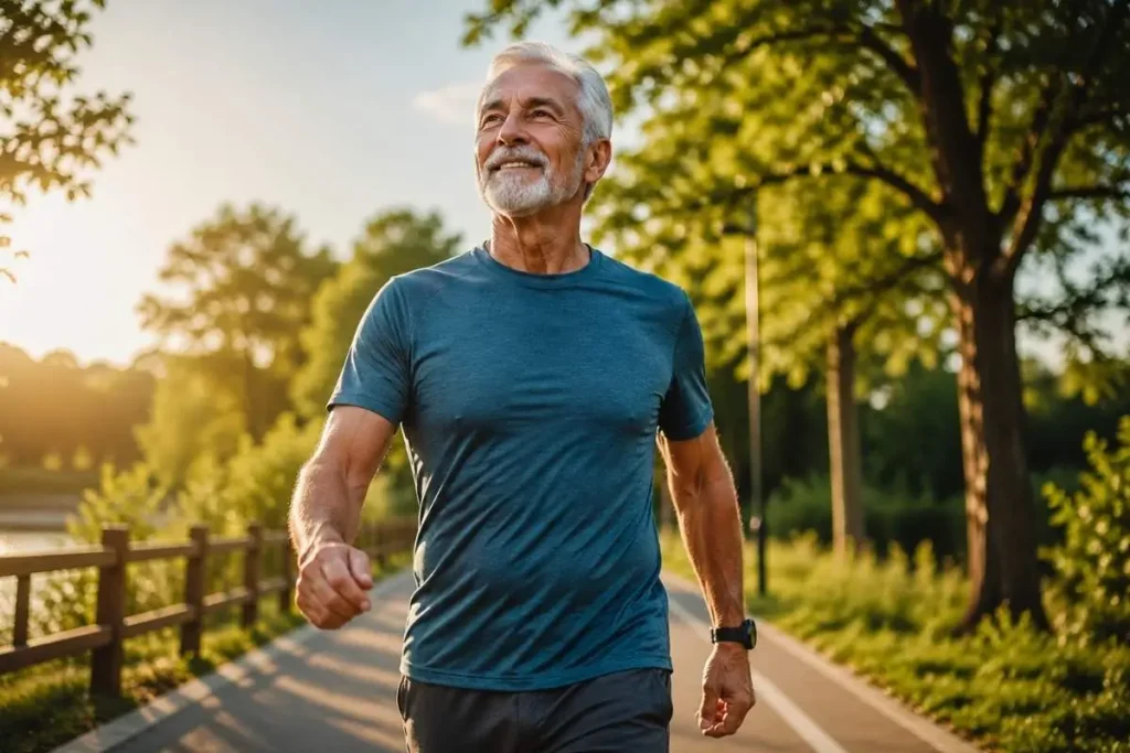 homem idoso praticando hábitos naturais de longevidade ao ar livre em 2026
