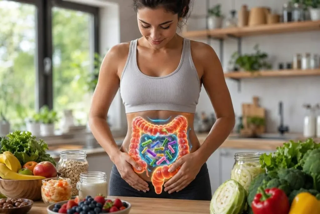 Pessoa com desconforto abdominal e alimentos saudáveis representando hábitos que afetam a flora intestinal