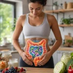 Pessoa com desconforto abdominal e alimentos saudáveis representando hábitos que afetam a flora intestinal