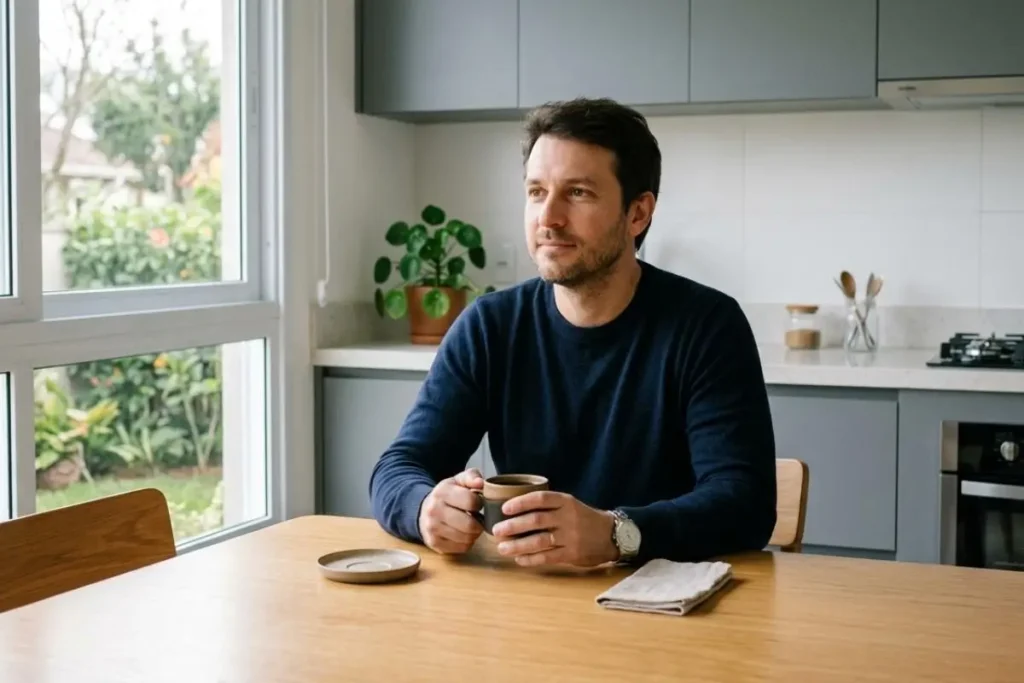 homem praticando jejum intermitente pela manhã tomando café sem açúcar