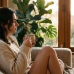 Pessoa relaxada segurando uma xícara de chá perto de plantas, representando o controle da ansiedade naturalmente.