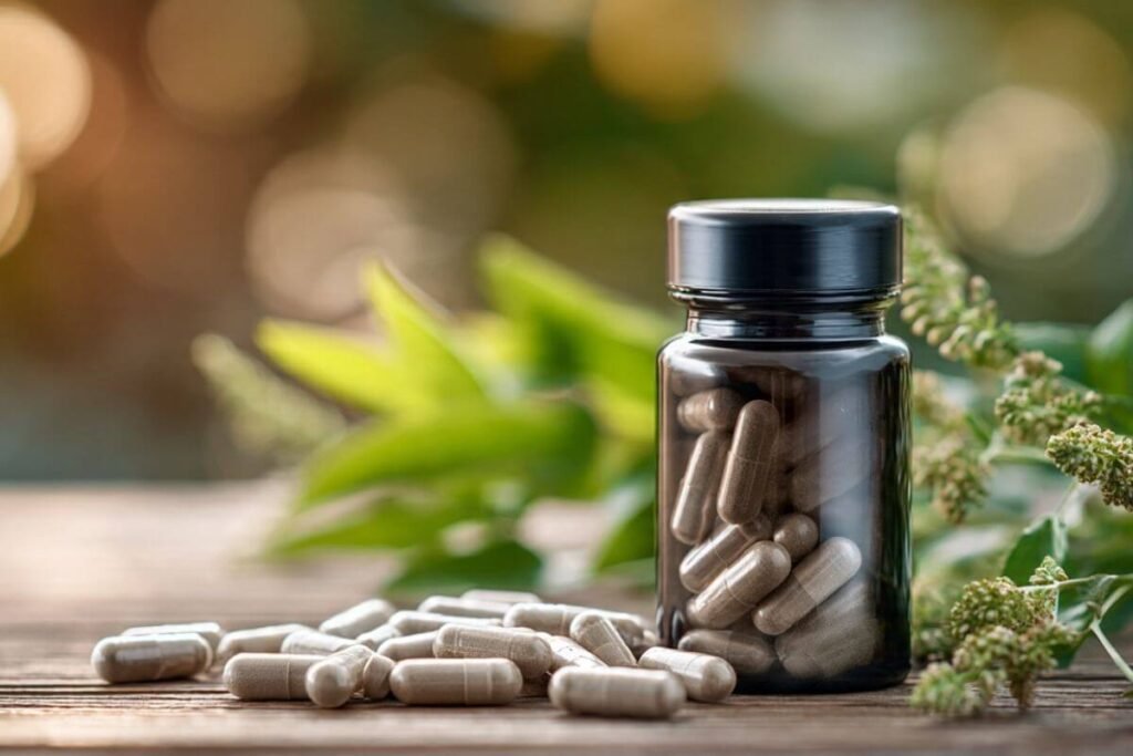 Suplemento de magnésio em cápsulas sobre mesa de madeira com folhas naturais, representando uso para ansiedade e melhora do sono