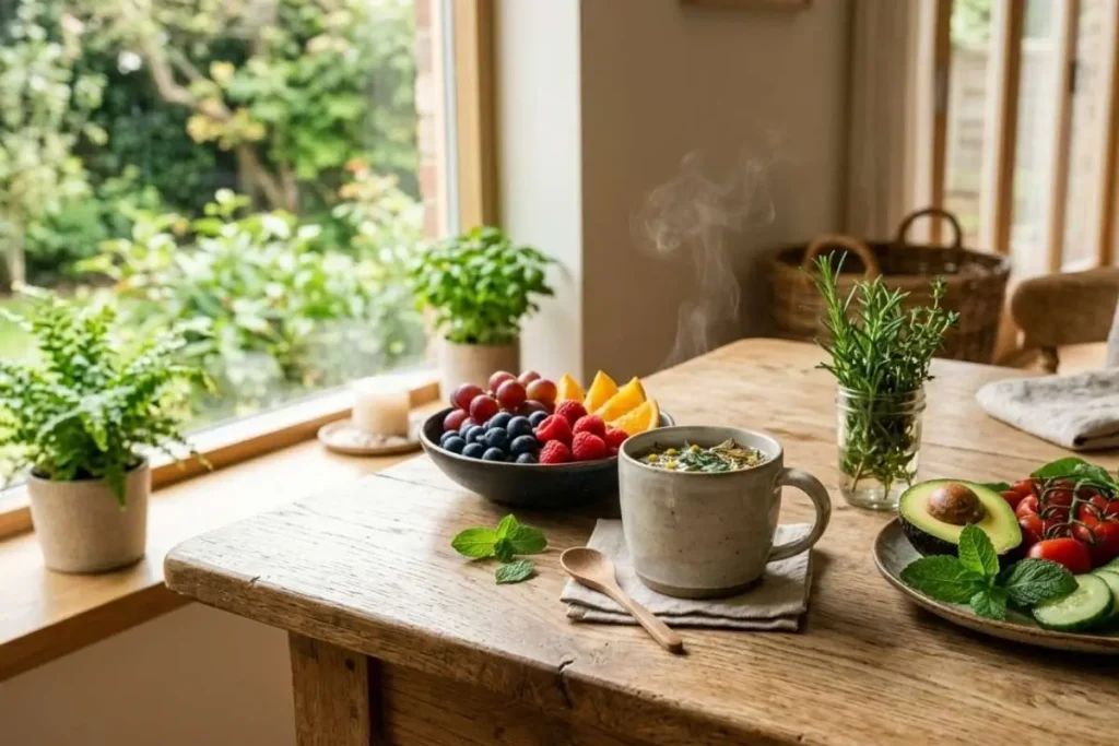 Saúde natural representada por alimentação saudável, estilo de vida equilibrado e práticas naturais de bem-estar