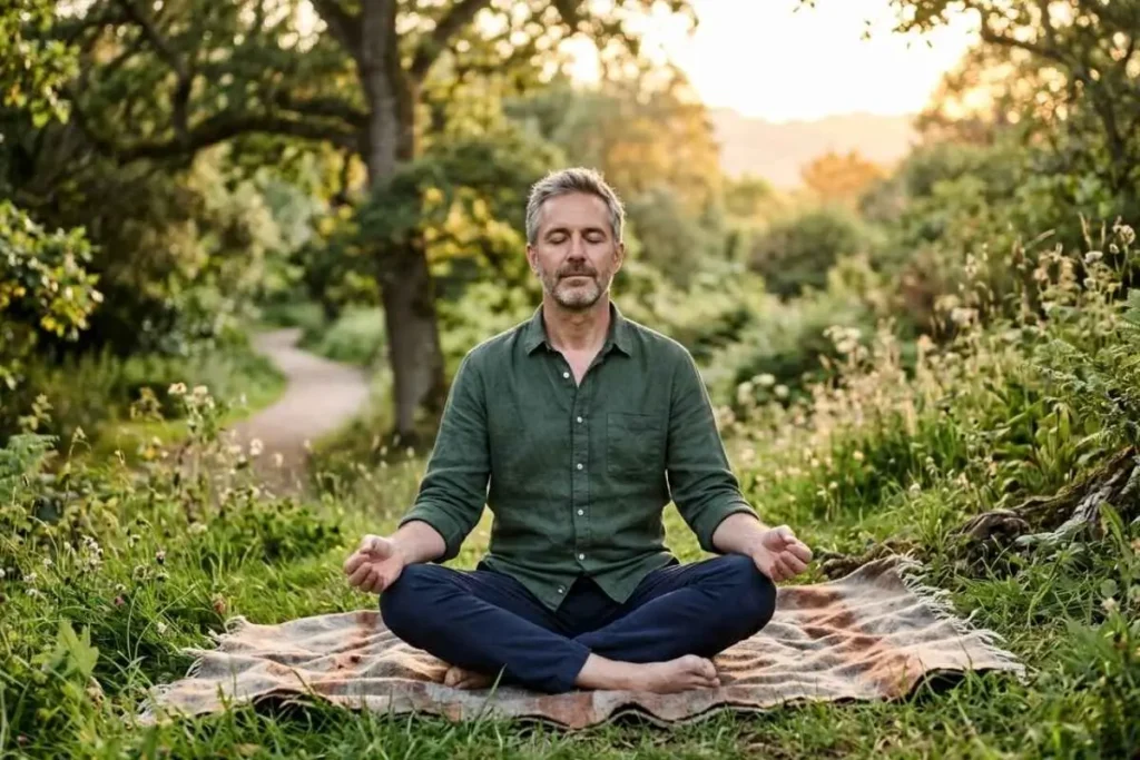 Homem relaxando ao ar livre praticando hábitos naturais para reduzir o cortisol
