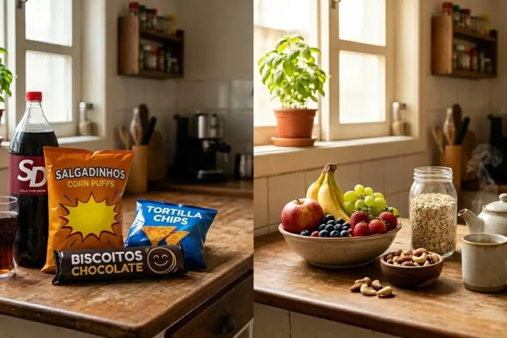 comparação entre alimentos ultraprocessados e alimentação natural com frutas, aveia e chá