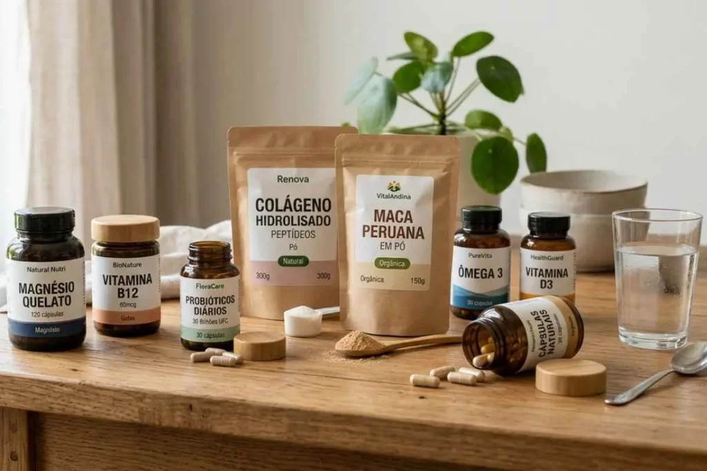 Suplementos naturais organizados sobre mesa com frascos de magnésio, probióticos, vitaminas e colágeno