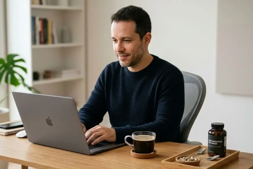 homem usando suplementos para foco e produtividade trabalhando com concentração