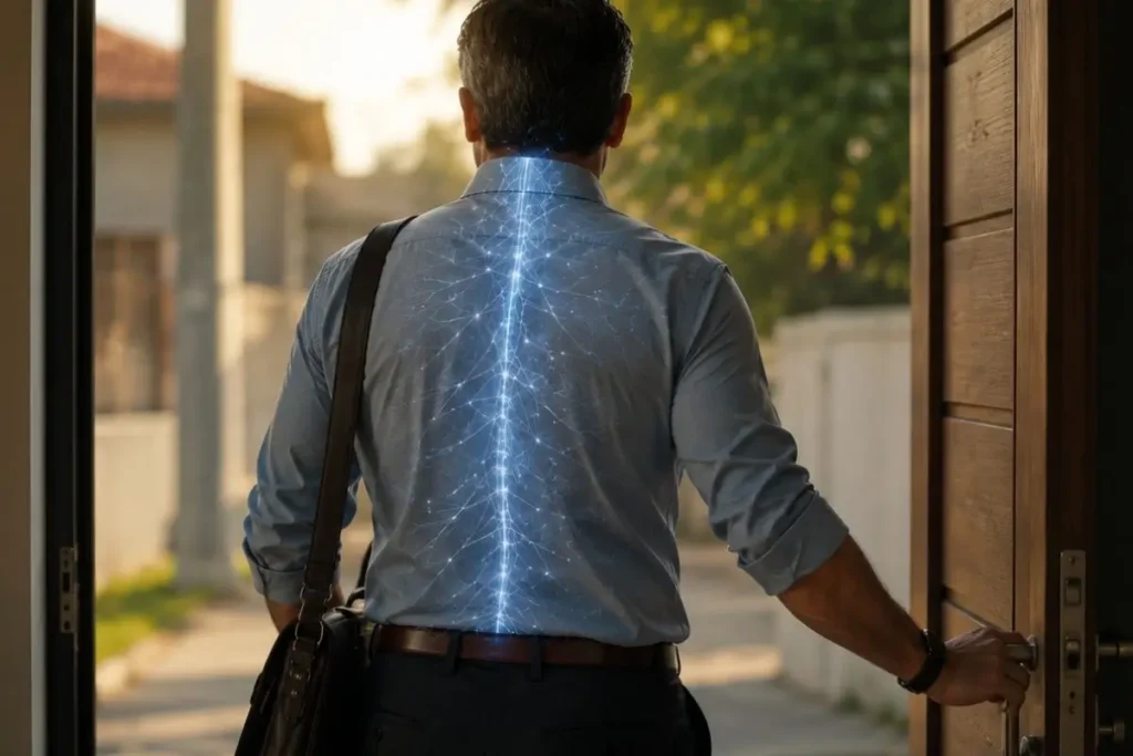 Homem de costas caminhando para o trabalho com efeito visual de LEDs na coluna representando alta energia e disposição após adotar 5 hábitos naturais