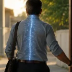 Homem de costas caminhando para o trabalho com efeito visual de LEDs na coluna representando alta energia e disposição após adotar 5 hábitos naturais
