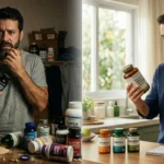 Pessoa diante de dois caminhos: um caótico com suplementos e outro organizado representando escolhas conscientes