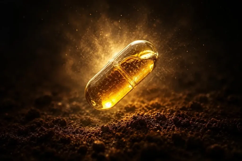 Cápsula de cafeína anidra para energia e foco, sobre fundo de grãos de café. Suplemento para desempenho físico e mental.