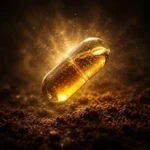 Cápsula de cafeína anidra para energia e foco, sobre fundo de grãos de café. Suplemento para desempenho físico e mental.
