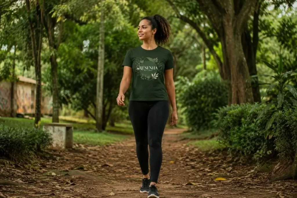 Mulher caminhando em trilha de terra arborizada com roupas esportivas, transmitindo tranquilidade e bem-estar