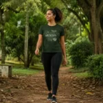 Mulher caminhando em trilha de terra arborizada com roupas esportivas, transmitindo tranquilidade e bem-estar