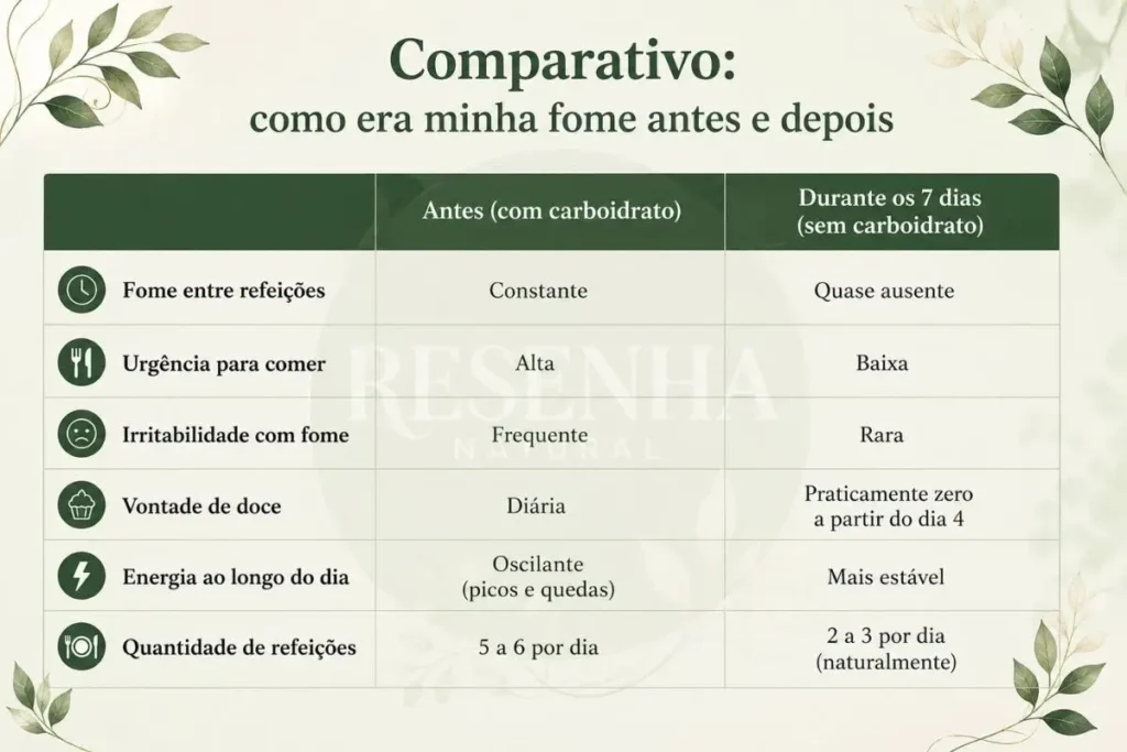 Tabela comparativa mostrando como era a fome antes com carboidrato e durante os 7 dias sem carboidrato, com dados sobre fome entre refeições, urgência para comer, irritabilidade, vontade de doce, energia ao longo do dia e quantidade de refeições