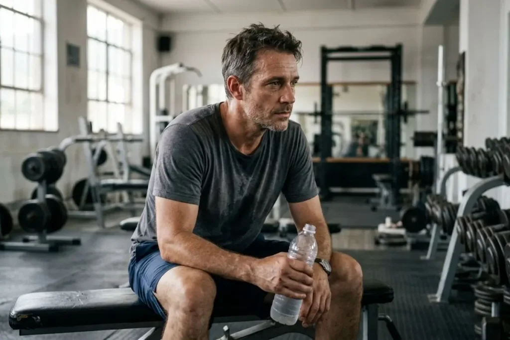 Homem descansando após treino em academia representando disciplina e constância nos exercícios