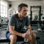 Homem descansando após treino em academia representando disciplina e constância nos exercícios