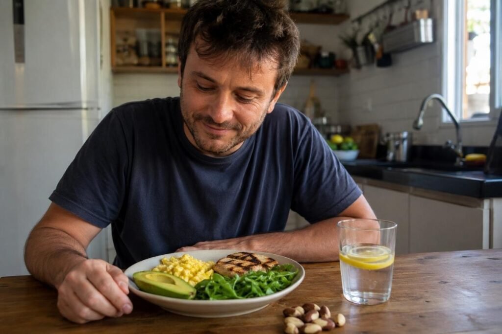 Homem brasileiro sentado à mesa de cozinha com prato de refeição sem carboidrato contendo ovos mexidos, abacate, frango grelhado e rúcula, com castanhas e copo de água ao lado