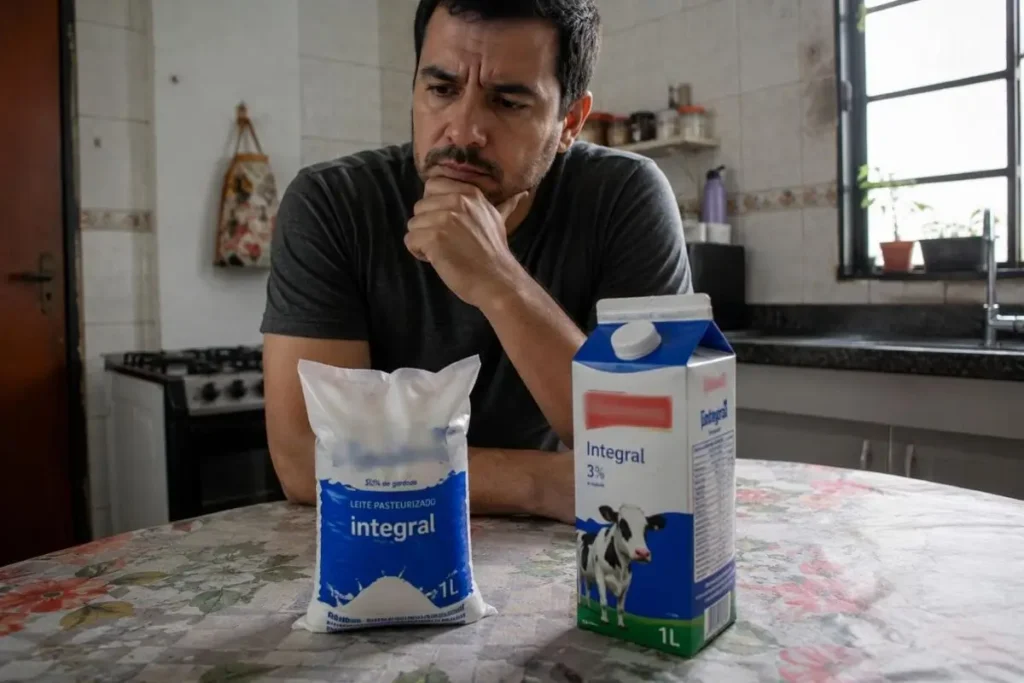Comparação entre leite antigo de saquinho e leite moderno de caixinha em cozinha brasileira