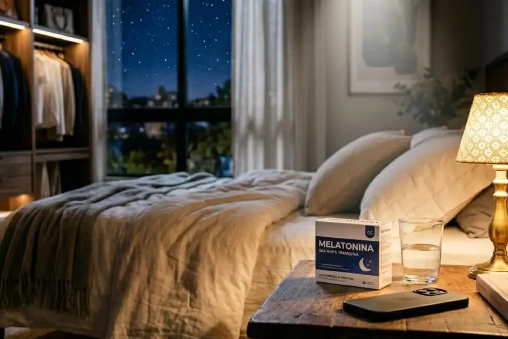 Frasco de melatonina para dormir sobre mesa de cabeceira iluminada por abajur dourado com quarto escuro ao fundo