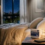 Frasco de melatonina para dormir sobre mesa de cabeceira iluminada por abajur dourado com quarto escuro ao fundo