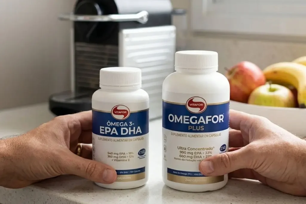 Frascos de Ômega 3 Vitafor EPA DHA e Omegafor Plus sobre bancada de cozinha em cenário realista