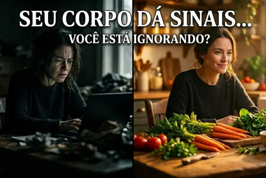 Pessoa com dificuldade de enxergar no escuro contrastando com visão clara após consumir alimentos ricos em vitamina A