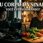 Pessoa com dificuldade de enxergar no escuro contrastando com visão clara após consumir alimentos ricos em vitamina A