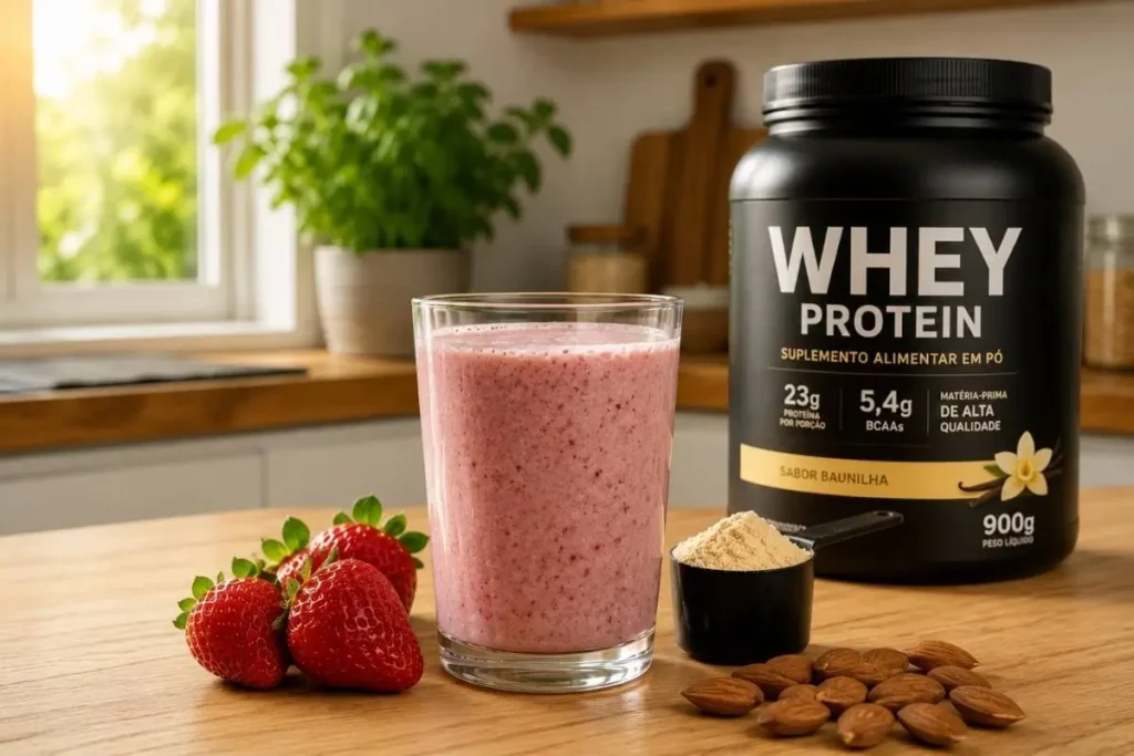 Copo de vidro com shake de whey protein e frutas vermelhas em uma bancada de madeira, representando uma alimentação saudável e prática.