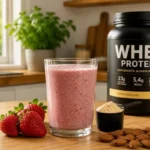 Copo de vidro com shake de whey protein e frutas vermelhas em uma bancada de madeira, representando uma alimentação saudável e prática.