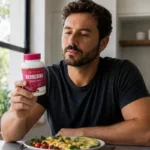 Homem segurando frasco de berberina em cápsulas sobre mesa de cozinha com refeição saudável ao fundo