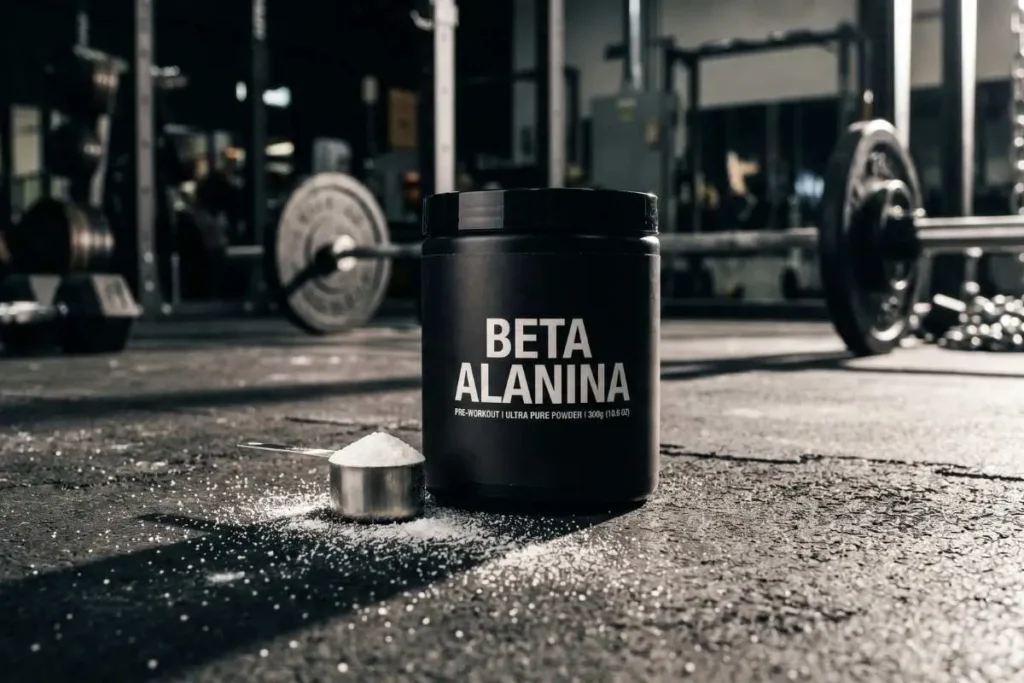 Pote de beta alanina em pó sobre superfície de academia, com fundo de equipamentos desfocados