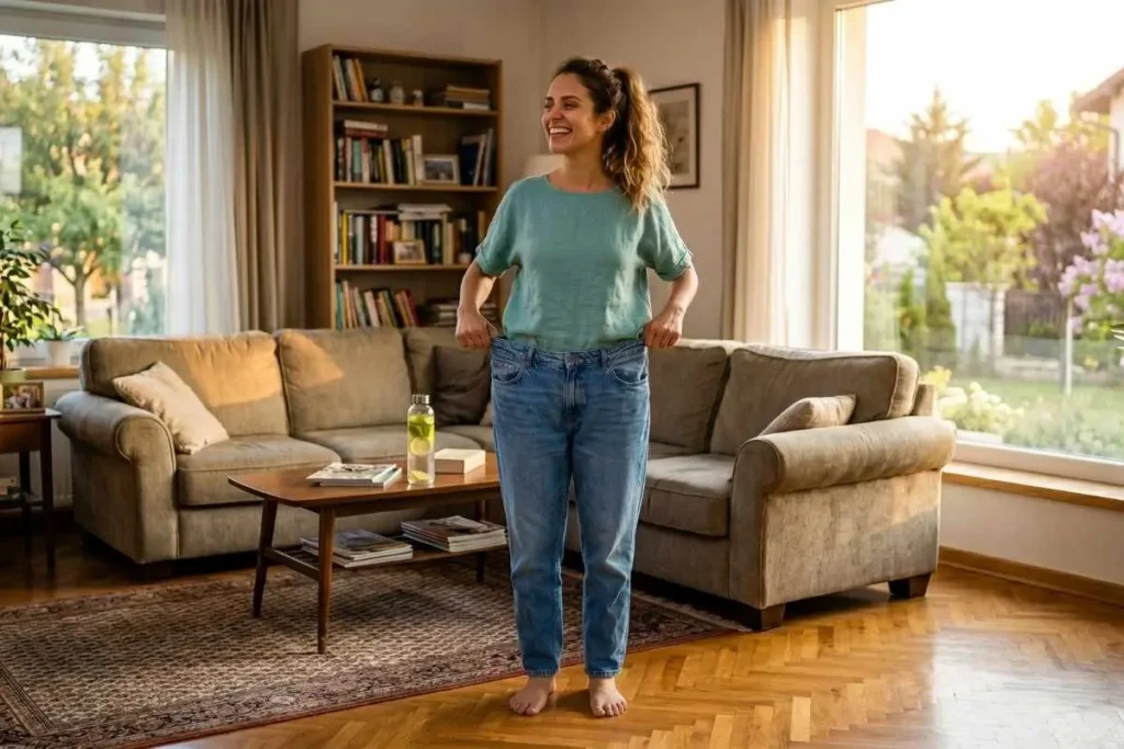 Mulher sorridente na sala de estar puxando a cintura de uma calça jeans folgada, demonstrando resultados de emagrecimento natural.