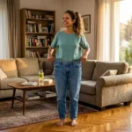 Mulher sorridente na sala de estar puxando a cintura de uma calça jeans folgada, demonstrando resultados de emagrecimento natural.