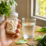 Frasco de cápsulas de NAC N-acetilcisteína sobre mesa com copo de água e folhas verdes