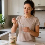 Pessoa preparando psyllium em pó dissolvido em água na cozinha de casa para saciedade e intestino