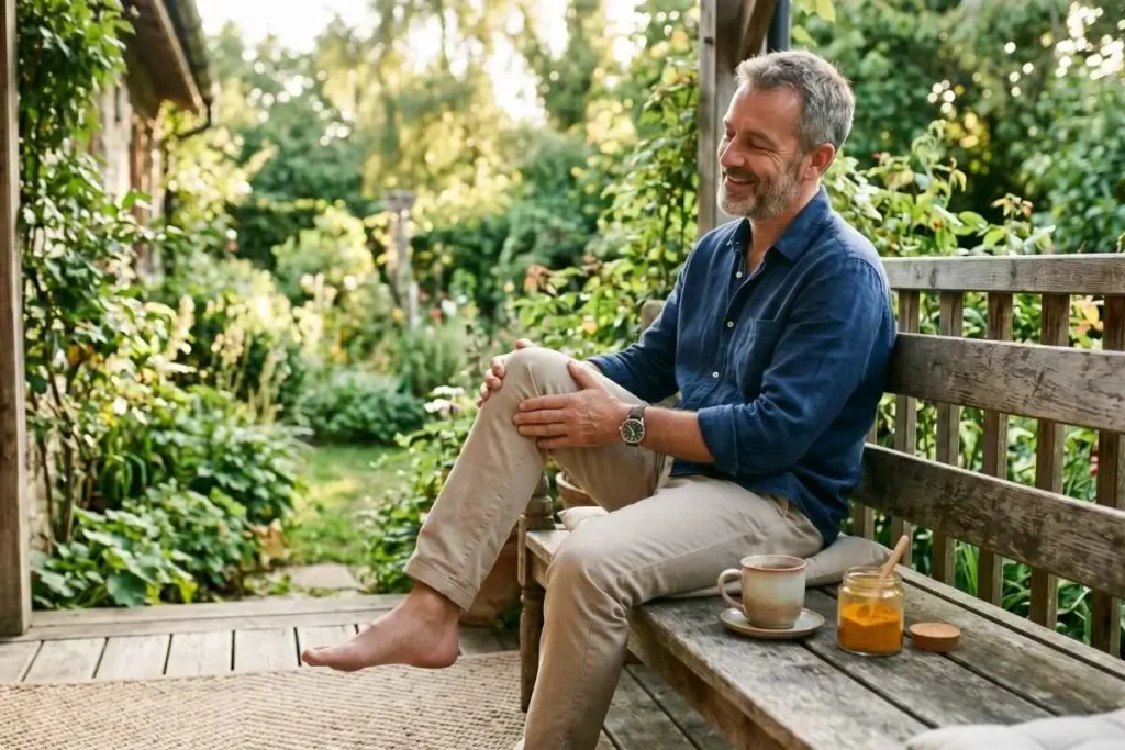 Homem massageando o joelho com expressão de alívio ao lado de chá e cúrcuma, representando remédios naturais para dor no joelho