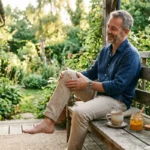 Homem massageando o joelho com expressão de alívio ao lado de chá e cúrcuma, representando remédios naturais para dor no joelho